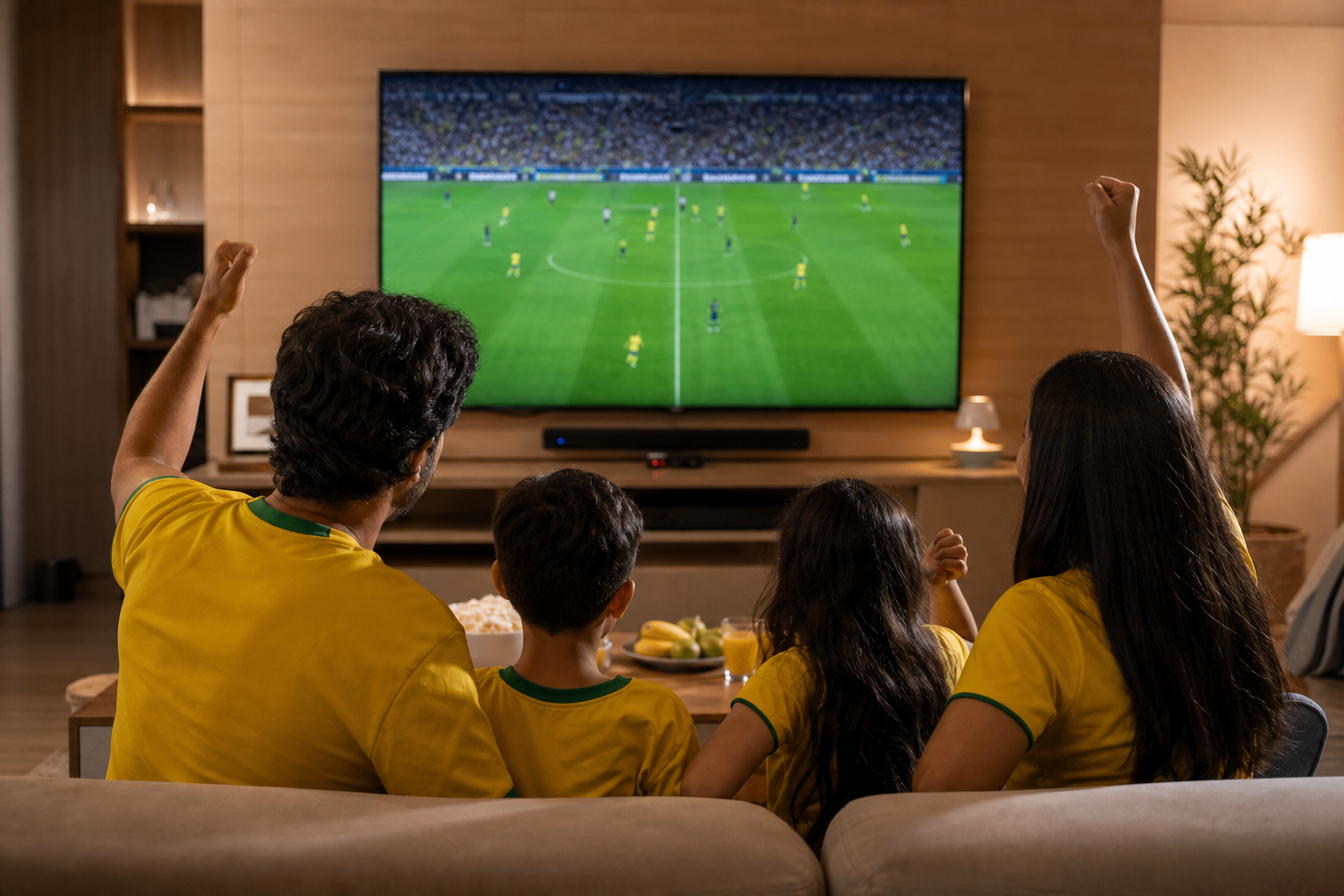 Família assistindo partida de futebol na TV com o UniTV